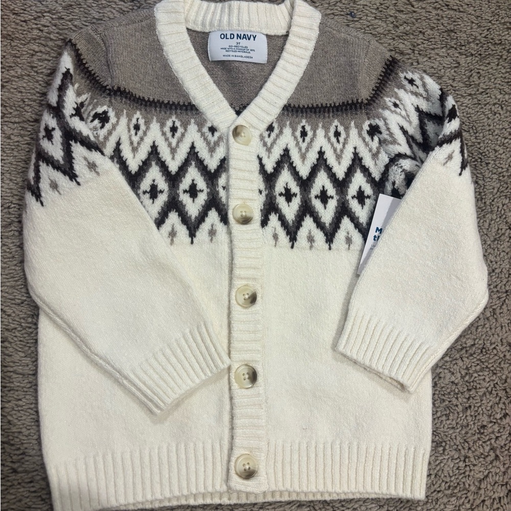 Old Navy Kids' White and Brown Patterned Cardigan